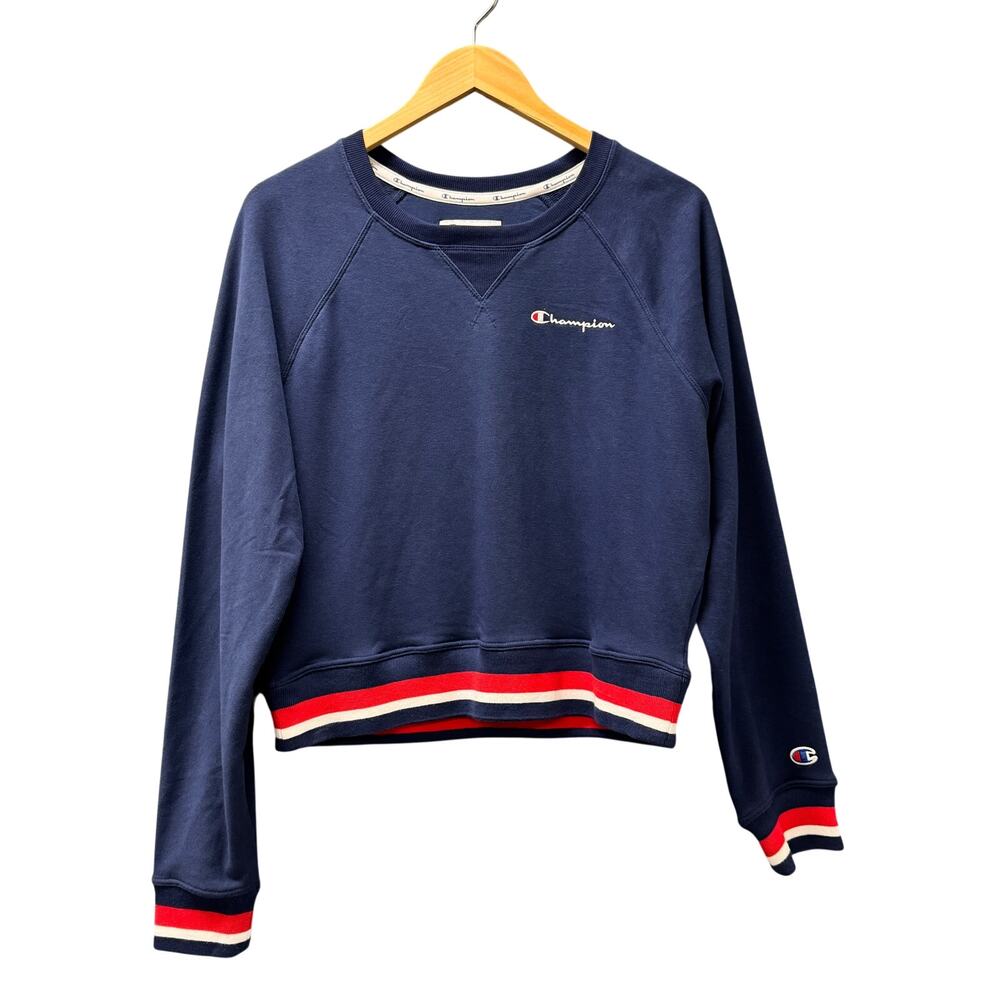 Champion Sweatshirt Womens Large Blue Red White Preppy Classic‎ Pullover Crop